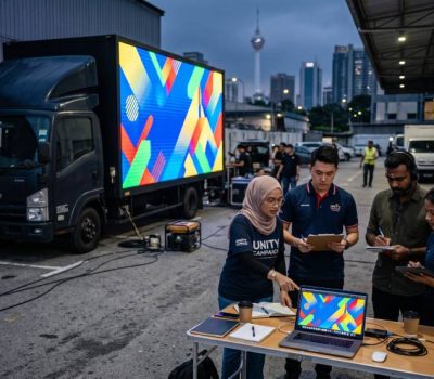 Preparing screen artwork for LED truck rental in Malaysia