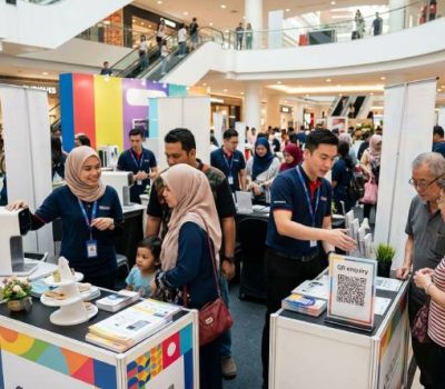 Roadshow agency in Malaysia explaining products to customers at a roadshow booth